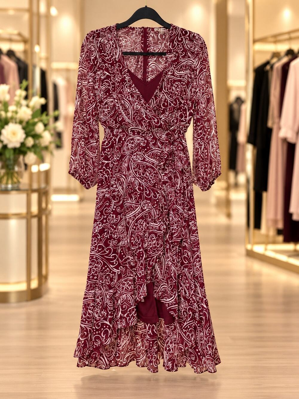 Calvin Klein Burgundy White Paisley Sheer Faux Wrap High-Low Dress Size 4 NWT